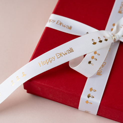 Happy Diwali Grossgrain Embossed Ribbon (Cream)