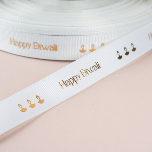 Happy Diwali Grossgrain Embossed Ribbon (Cream)