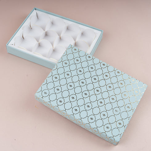 Moroccan Powder Blue Gold Foil Rigid Chocolate Box ( Cavity of 12 pcs )