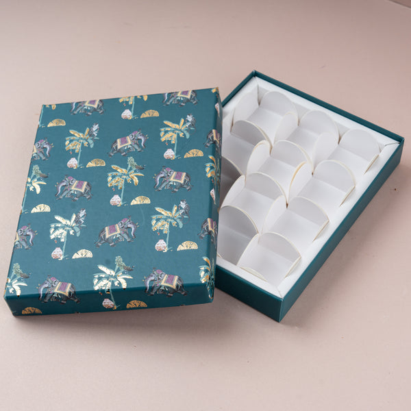 Van Mahal Gold Foil Rigid Chocolate Box ( Persian Green  - Cavity of 12 pcs)