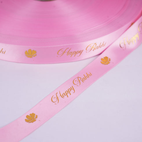 Happy Rakhi Gold Embossed Floret Ribbon (Pink)