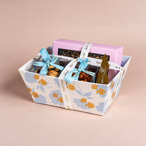 Peony Blue Basket with Gold Foiled Flowers
