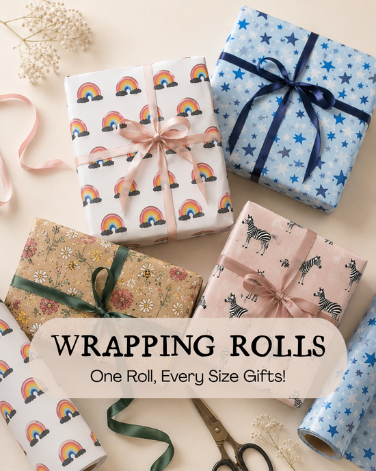 Gifts wrapped with various patterns and ribbons on a light background, with text 'WRAPPING ROLLS' displayed.